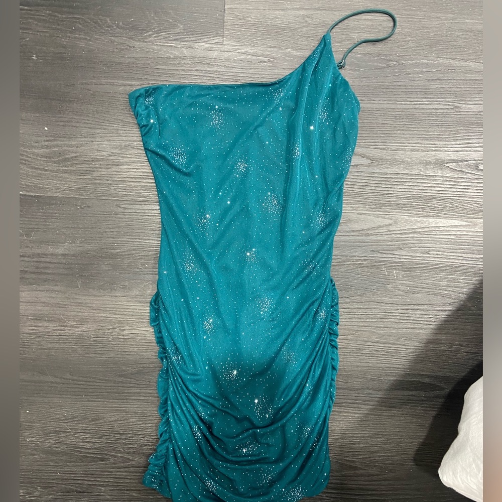 Lucy in the Sky green mini dress with gloves